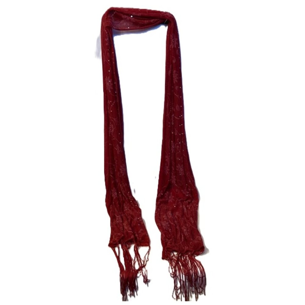 Sheer Long Rectangle Scarf Wrap Red Floral Sequin Fringe Bling Appr 84” x 23”